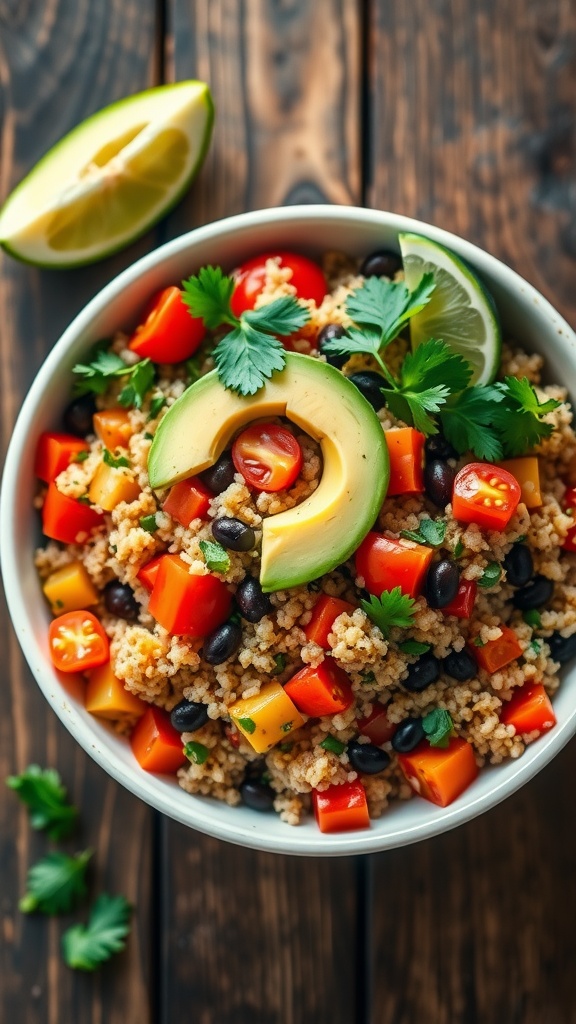 A healthy quinoa salad with tomatoes, bell peppers, black beans, and avocado.